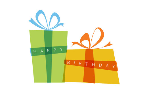 Happy birthday card template with two birthday present boxes and Happy birthday text on the ribbon