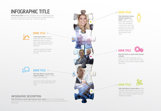 Multipurpose infographic template with five puzzle pieces photo plceholders