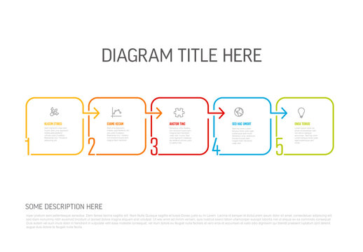 Light five square steps template with icons big numbers and description