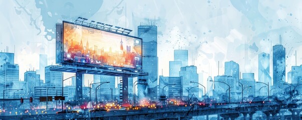 Digital art of vibrant cityscape with illuminated billboard, showcasing urban life and modern architecture in abstract style.