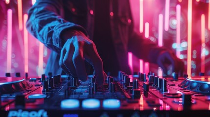 DJ mixing tracks on a mixer with vibrant neon lights in the background. Hands adjusting the audio controls during a live performance at a nightclub.