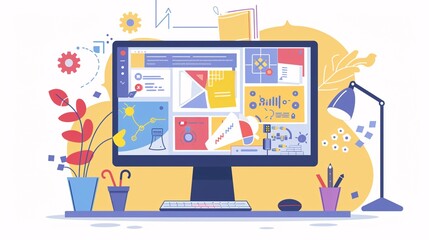 Graphic design, website and marketing with a screen for advertising campaign on a computer in a creative office. Designer, brand and editor in a studio for product placement, art and creativity