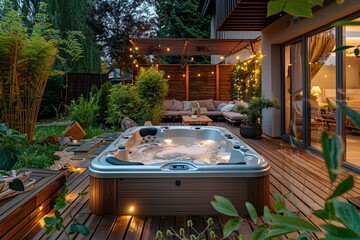  Step into a peaceful sanctuary with a hot tub nestled in a backyard oasis, offering a wooden deck, cozy seating, and abundant greenery