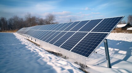 A snowy landscape with solar panels cleared of snow, highlighting their efficiency even in cold, snowy conditions. The clear panels contrast sharply with the white snow around them.