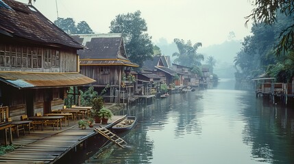 Naklejka premium A misty river flows through a quaint village of wooden houses with lush greenery.