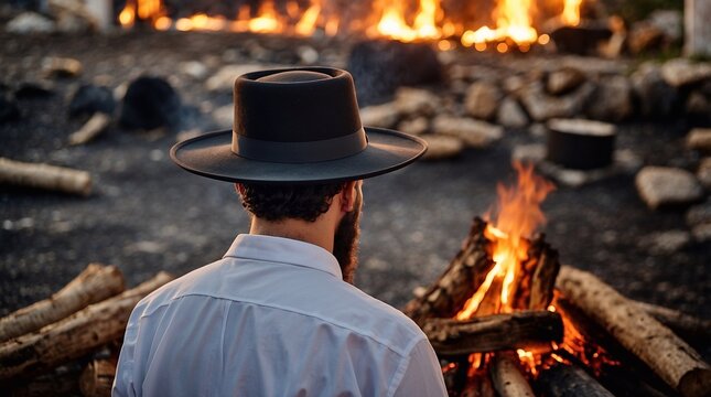 Jewish holiday Lag B'Omer. Orthodox man in a hat against the backdrop of a large fire.