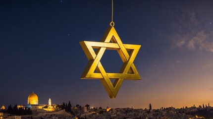 The sparkling golden Star of David in the sky over the capital Jerusalem. Land of Israel. Symbol of the Jewish people