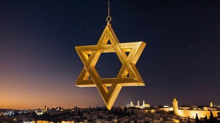 The sparkling golden Star of David in the sky over the capital Jerusalem. Land of Israel. Symbol of the Jewish people