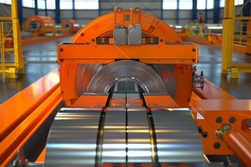 Fototapeta premium Automated systems managing cold rolled steel sheets in coils production, front view, illustrating smart manufacturing, technology tone, vivid color scheme