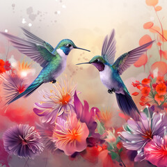 Obraz premium Two watercolor painting of hummingbird near pink flowers.