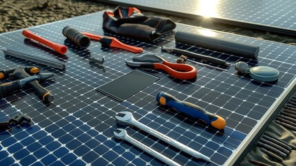 Fototapeta premium A solar panel technician's toolkit laid out next to a panel, focusing on the tools and components used for installation and maintenance of solar panels, without showing any human elements.