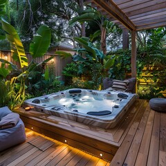  Step into a peaceful sanctuary with a hot tub nestled in a backyard oasis, offering a wooden deck, cozy seating, and abundant greenery