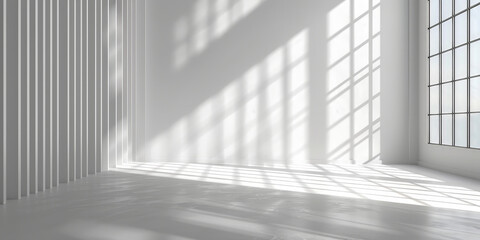 empty room with white walls and a light gray floor. Minimalist interior with sunlight streaming through large windows casting long shadows on the polished floor creating a bright and airy atmosphere	
