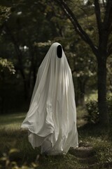 Naklejka premium Mysterious Ghostly Figure in Forest Cloaked in White Sheet for Halloween Themed Setting