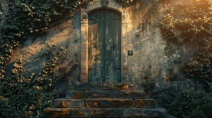 Vintage green wooden door with stone steps, covered by ivy leaves and illuminated by soft sunlight. A serene and mysterious entrance.