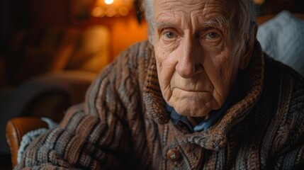 Fototapeta premium A portrait of an elderly man with a serious expression. He is wearing a brown sweater and looking directly at the camera.