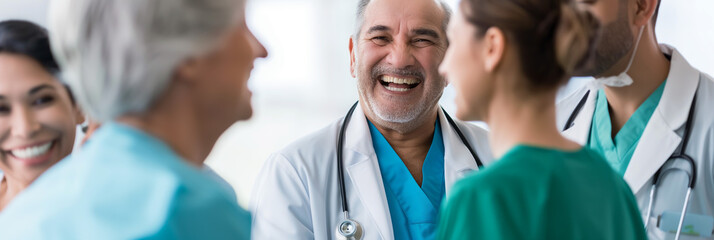 A group of medical staff shares a joyful interaction, exemplifying teamwork and positive workplace culture