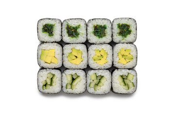 Rice rolls wrapped in seaweed - nori. Close-up on white.