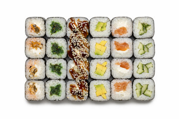 Rice rolls wrapped in seaweed - nori. Close-up on white.