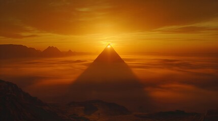 Pyramid at sunrise with mist
