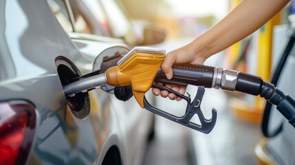 Hand holding petrol gas fuel dispenser gun fill up car vehicle blurred station background