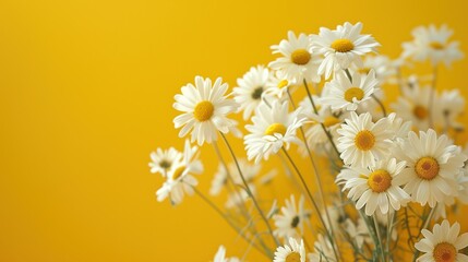 A freshly picked white daisies against solid yellow background, capturing the innocence and joy of summer days. copy empty space