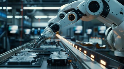 Fototapeta premium A robotic arm works on an assembly line in a futuristic factory.