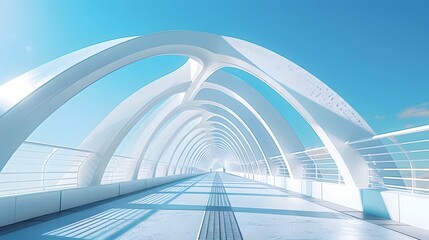 A white bridge with blue sky, white bridge railing, bridge, and a closeup of the side view. The arches on both sides form an arc shape.