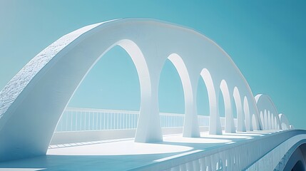 Obraz premium A white bridge with blue sky, white bridge railing, bridge, and a closeup of the side view. The arches on both sides form an arc shape.