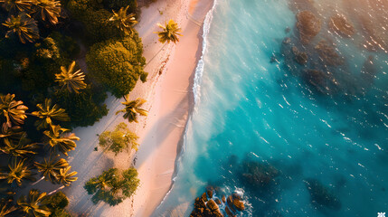 A hand dips into a clear tropical ocean, palm facing up towards a vibrant blue sky