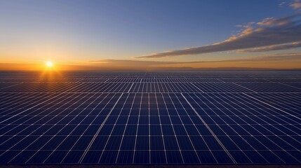 A vast solar farm at sunrise with thousands of photovoltaic panels gleaming under the early morning sun. 