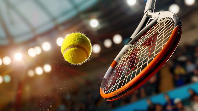Close-up tennis action shot of a racquet hitting a ball under bright stadium lights, capturing the intensity of the game.
