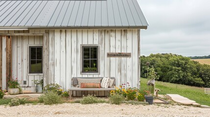 a simple light wood bench adorned with plush pillows, creating a cozy outdoor seating area that blends seamlessly with the sleek vertical slat design.
