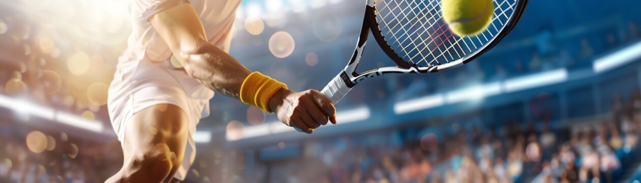 Professional tennis player in action hitting a powerful shot during a match on a sunny day, showcasing athleticism and precision.
