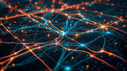 A virtual map showing the connectivity and health of different components within a smart grid, including transmission lines and substations, using glowing lines and nodes to represent the network.