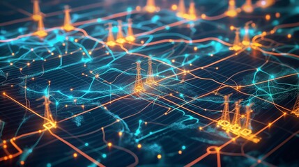 A virtual map showing the connectivity and health of different components within a smart grid, including transmission lines and substations, using glowing lines and nodes to represent the network.
