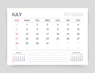 Calendar for July 2024 year. Planner calender template. Week starts Sunday. Monthly organizer. Timetable layout. Desk corporate diary. Table schedule grid. Vector simple illustration. Paper size A5