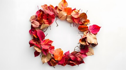 A wreath made of autumn leaves and dried flowers on a white background, in a flat lay, top view, copy space concept, minimalistic style.