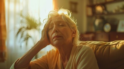 A senior woman with a headache sits on a couch, hand on her forehead, looking tired and distressed.