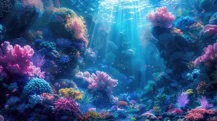 Fantasy coral with mythical sea creatures, vibrant blues and greens, digital painting, whimsical and enchanting,