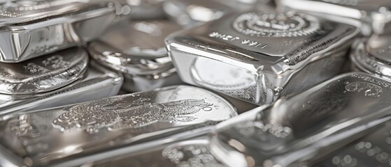 Close-up shot of silver bars beautifully stacked, exhibiting their shiny, polished surfaces, perfect for investment and wealth imagery.