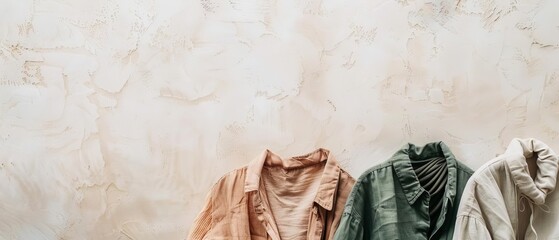 Three stylish shirts in pastel colors hanging on a textured beige wall, showcasing casual fashion and clothing trends.