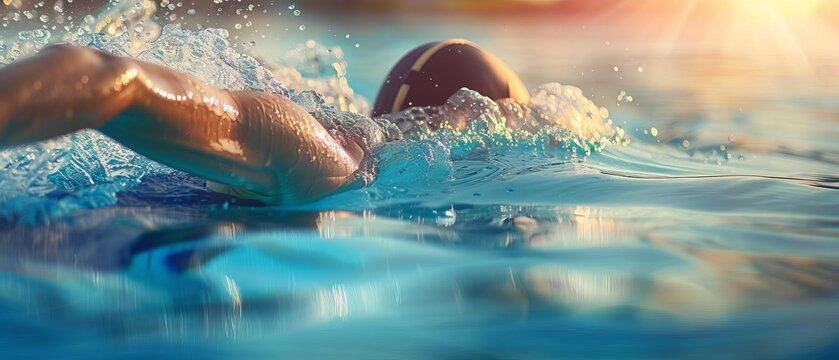 Professional swimmer in action in an indoor pool, competing with determination under the morning sunlight. Energetic aquatic sport.