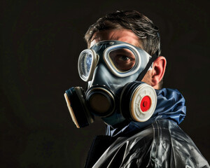 An inspector wearing a chemical mask with a black background