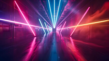An abstract futuristic background with colorful laser beams, glowing lines, light rays on a dark backdrop. This digital illustration resembles an illuminated tunnel or stage for show presentations.