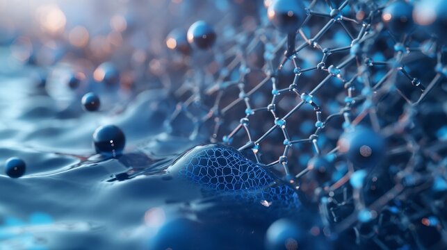 A visualization of a nano-scale filtration system using graphene, showcasing its ability to purify water at a molecular level for environmental applications.