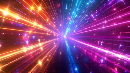 Fototapeta premium An abstract futuristic background with colorful laser beams, glowing lines, light rays on a dark backdrop. This digital illustration resembles an illuminated tunnel or stage for show presentations.