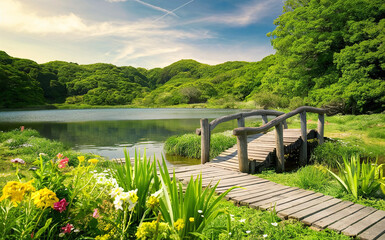 Fototapeta premium natural landscape featuring a pristine lake surrounded by lush greenery. A wooden footbridge arches gracefully over the water