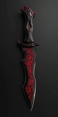 A red and black knife ominously suspended on a wall