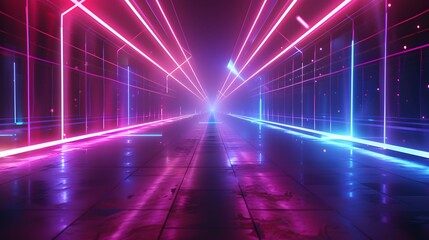 An abstract futuristic background with colorful laser beams, glowing lines, light rays on a dark backdrop. This digital illustration resembles an illuminated tunnel or stage for show presentations.